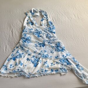 White Halter Dress with Blue Floral Print